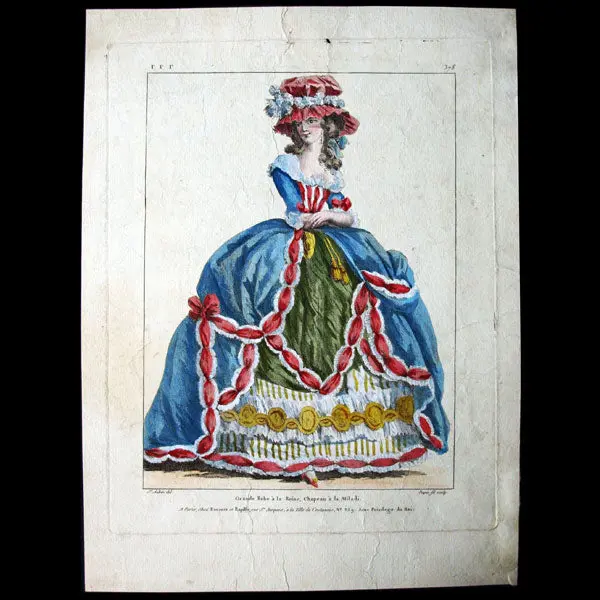 Gallerie Des Modes Et Costumes Français, 1778-1787, Gravure N° Rrr 378, Grande Robe À La Reine, Chapeau À La Miladi Par Saint-Aubin (1787) 1