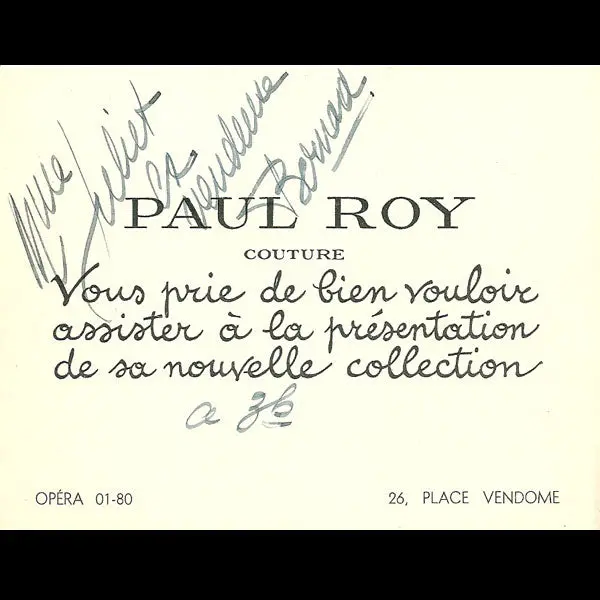 Carton D'invitation De La Maison Paul Roy, 26 Place Vendôme À Paris (Circa 1937-1940) 1