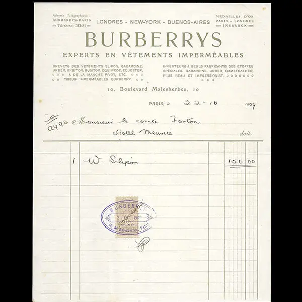 Burberrys - Facture De La Maison Experte En Imperméables, 10 Boulevard Malesherbes À Paris (1909) 1
