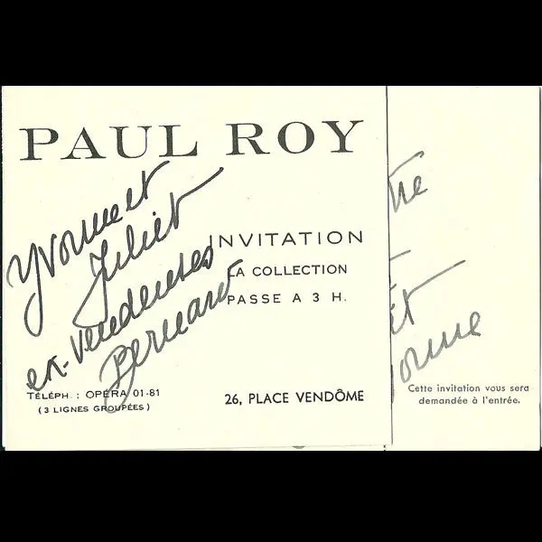 Carton D'invitation De La Maison Paul Roy, 26 Place Vendôme À Paris (Circa 1937-1940) 1