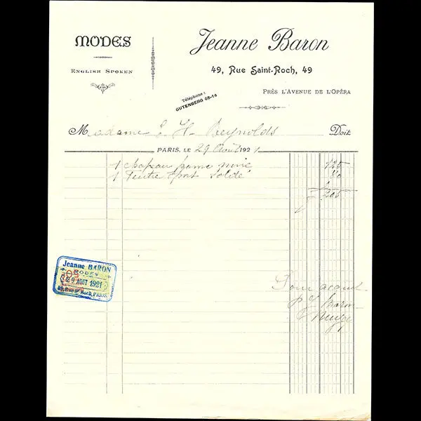 Jeanne Baron - Facture De La Maison De Modes Jeanne Baron, 49 Rue Saint-Roch À Paris (1921) 1