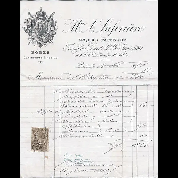 Facture De La Maison A. Laferrière, Robes, Confections, Lingerie, 28 Rue Taitbout À Paris (1881) 1