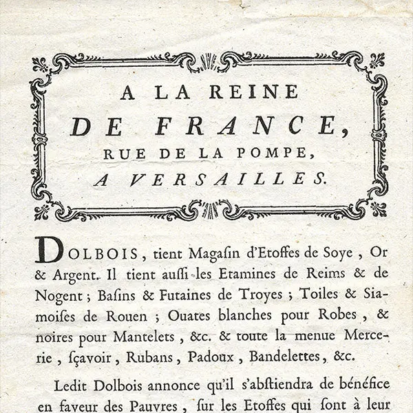 A La Reine De France - Facture Du Magasin D'étoffes De Soie Rue De La Pompe À Versailles (1765) 2