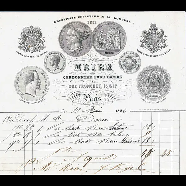 Facture De La Maison Meier, Cordonnier Pour Dames , 15-17 Rue Tronchet À Paris (1862) 1