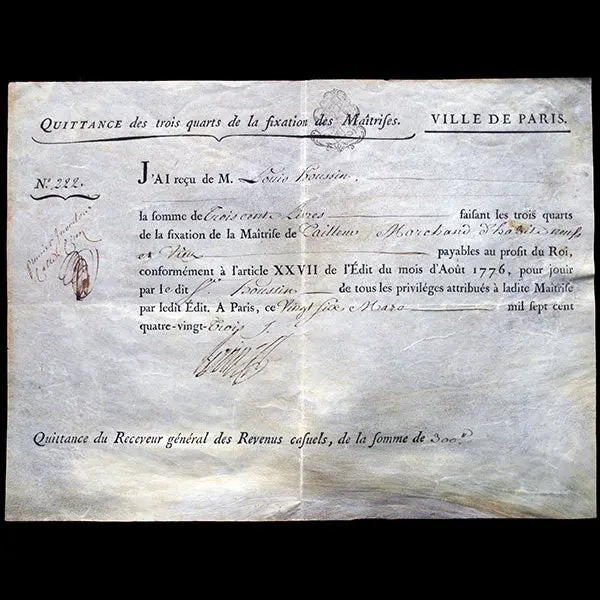Quittance De La Ville De Paris Pour La Maîtrise De Tailleur Marchand D'habits Neufs Et Vieux De Louis Houssin (1783) 1