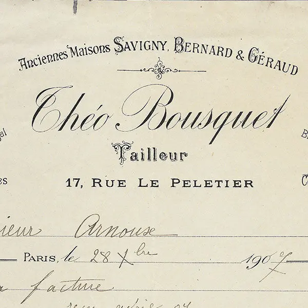 Théo Bousquet - Facture Du Tailleur, 17 Rue Le Peletier À Paris (1907) 2