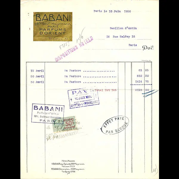 Babani - Facture De La Maison Babani, 98 Bis Boulevard Haussmann À Paris (1920) 1