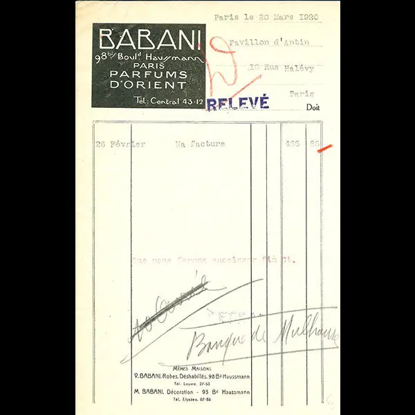 Babani - Facture De La Maison Babani, 98 Bis Boulevard Haussmann À Paris (1920) 1