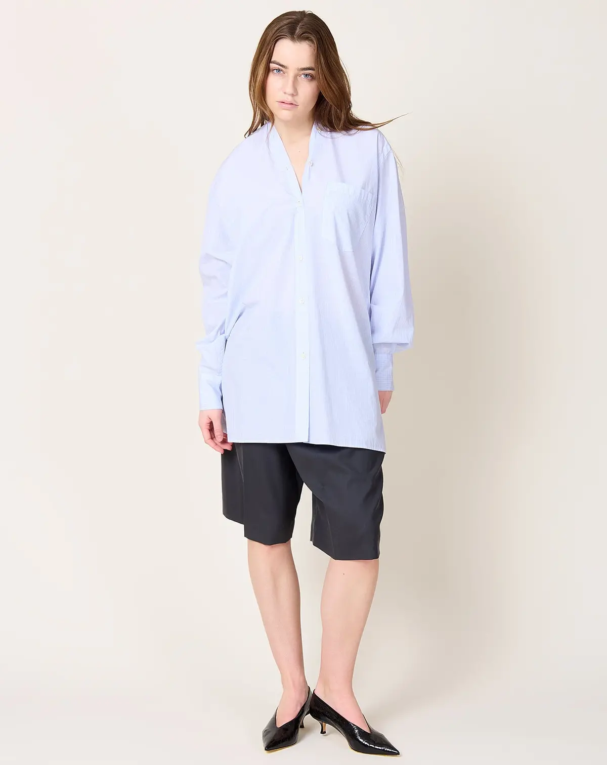 Collarless Shirt In Blue Check 1