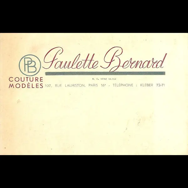 Carte De Visite De La Maison Paulette Bernard, 107 Rue Lauriston À Paris (Circa 1930) 1