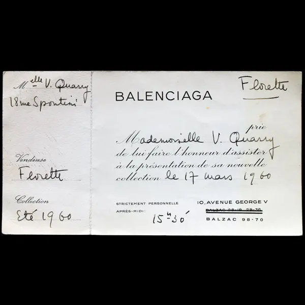 Balenciaga, Invitation Au Défilé De Présentation De La Collection Eté 1960, 17 Mars 1960 1