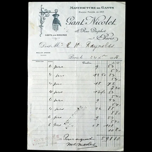 Facture De La Manufacture De Gants Nicolet, 18 Rue Duphot À Paris 1
