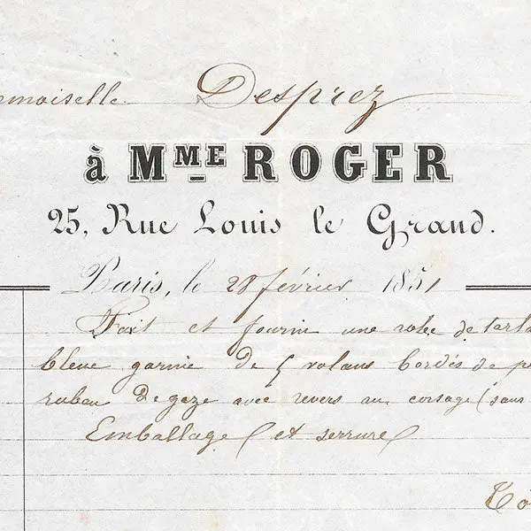 Mme Roger - Facture De La Couturière, 25 Rue Louis Le Grand À Paris (1851) 2