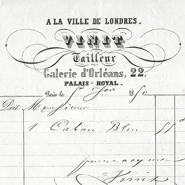 A La Ville De Londres - Facture Du Tailleur Vinit, 22 Galerie D'orléans Au Palais Royal À Paris (1850) 2
