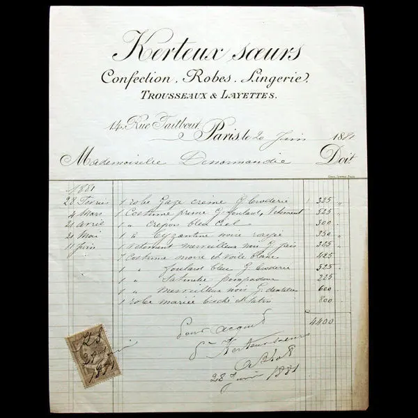 Facture Des Soeurs Kerteux, Confection, Robes, Lingerie, Trousseaux Et Layettes, 14 Rue Taitbout À Paris (1881) 1