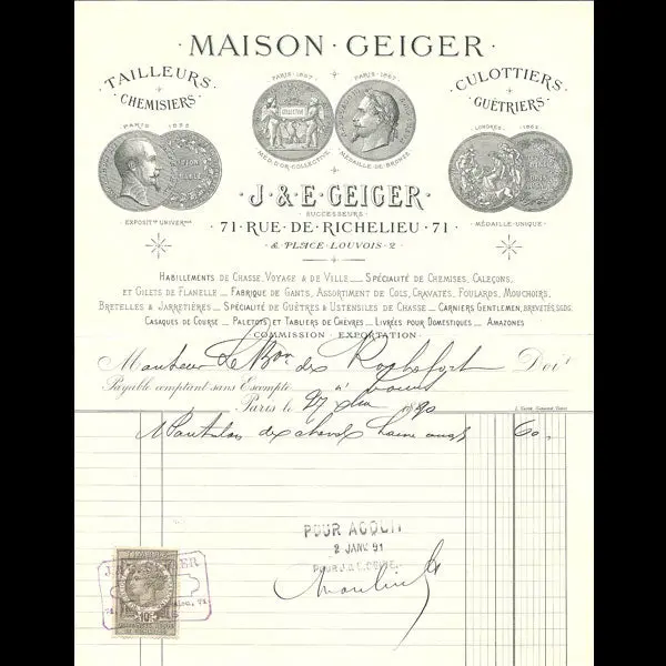 Facture De La Maison Geiger, Tailleurs-Chemisiers, Culottiers-Guêtriers, 71 Rue De Richelieu, À Paris (1890) 1