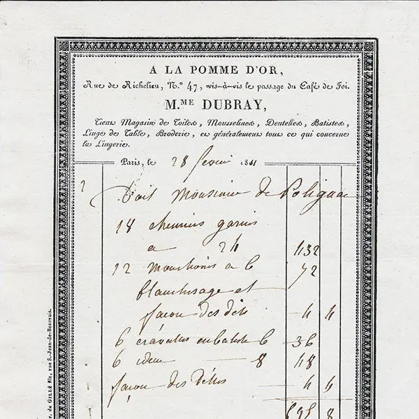 Facture Du Magasin De Toiles A La Pomme D'or, Rue De Richelieu À Paris (1811) 2