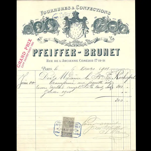 Facture De Pfeiffer-Brunet, 17, 19 Et 21 Rue De L'ancienne Comédie À Paris (1901) 1