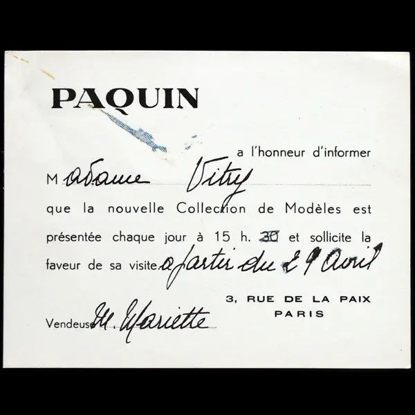 Carton D'invitation De La Maison Paquin, 3 Rue De La Paix À Paris (Circa 1940) 1