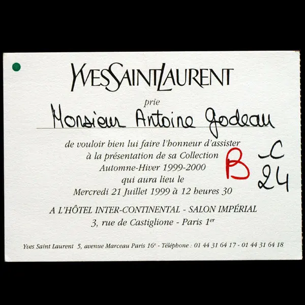 Carton D'invitation Au Défilé Yves Saint-Laurent Du 21 Juillet 1999, Collection Automne-Hiver 1999-2000 1