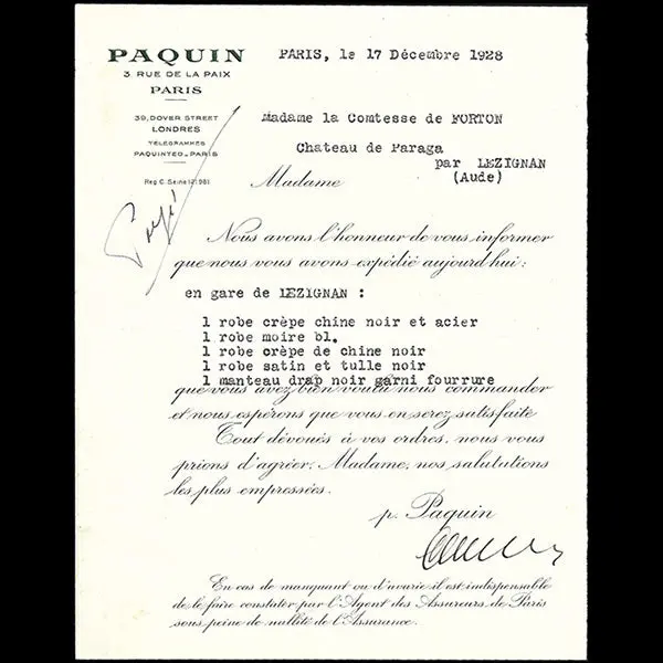 Paquin - Avis D'expédition De La Maison De Couture, 3 Rue De La Paix (1928) 1