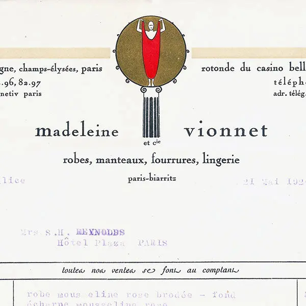 Vionnet - Facture, 50 Avenue Montaigne À Paris (21 Mai 1926) 2
