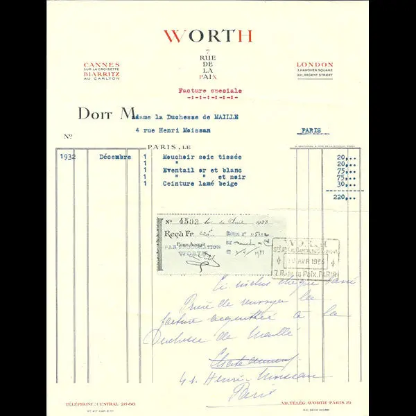Facture De La Maison Worth, 7 Rue De La Paix, Paris (1932) 1
