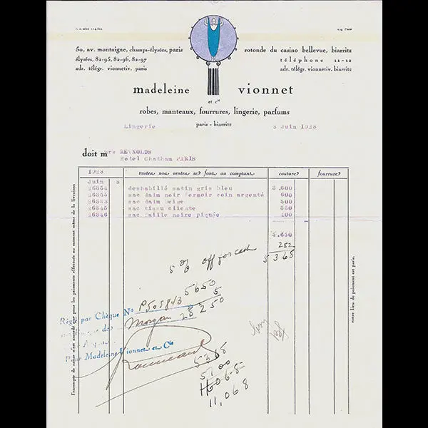 Vionnet - Facture, 50 Avenue Montaigne À Paris (8 Juin 1928) 1