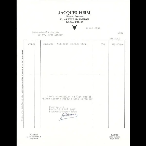 Jacques Heim - Facture De La Maison De Couture Fourrure (1958) 1