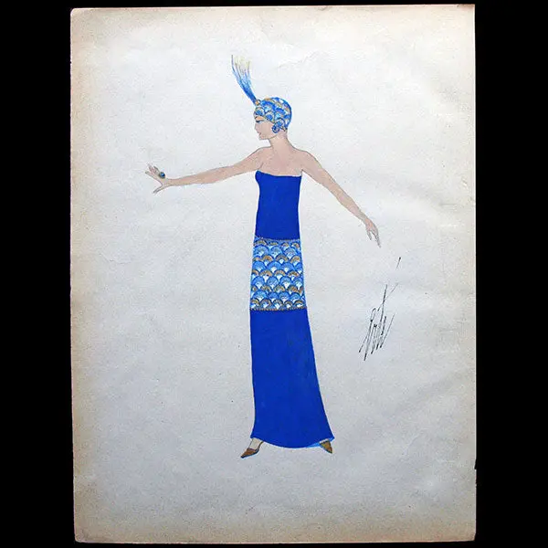 Erté - Elégante Au Turban, Projet De Robe Ou De Costume De Scène (Circa 1920) 1