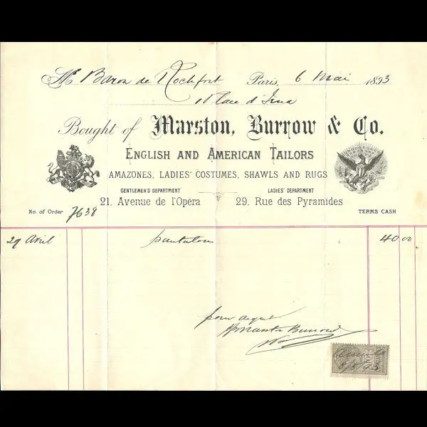 Facture Du Tailleur Marston, Burrow & Co, 21 Avenue De L'opéra À Paris (1893) 1