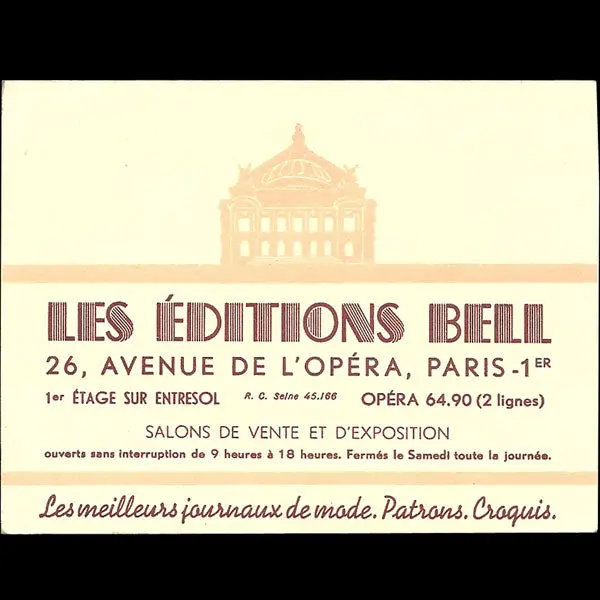 Carte Des Editions Bell, 26 Avenue De L'opéra À Paris (Circa 1930) 1