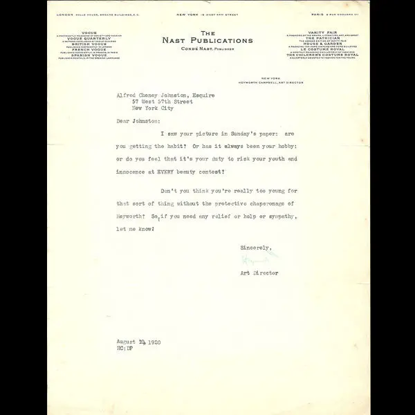 Lettre Tapuscrite Signée De Heyworth Campbell Sur Papier À En-Tête Des Editions Nast (1920) 1