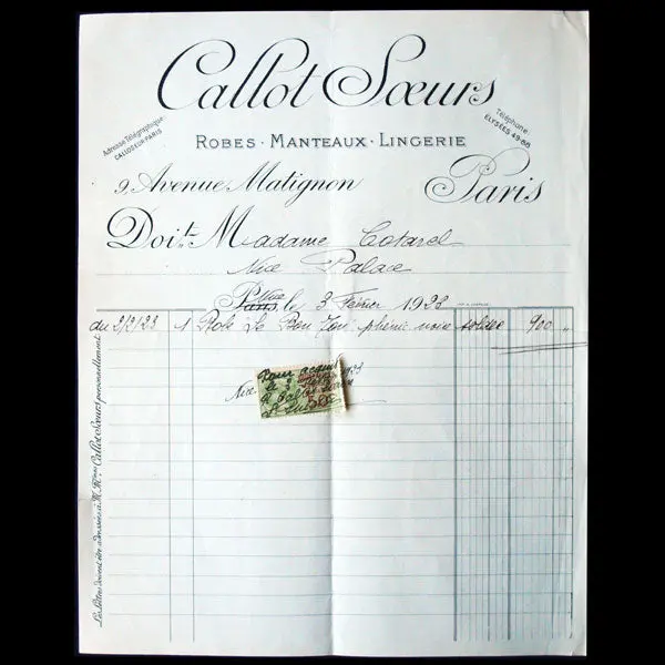 Soeurs Callot - Facture De La Maison (1923) 1