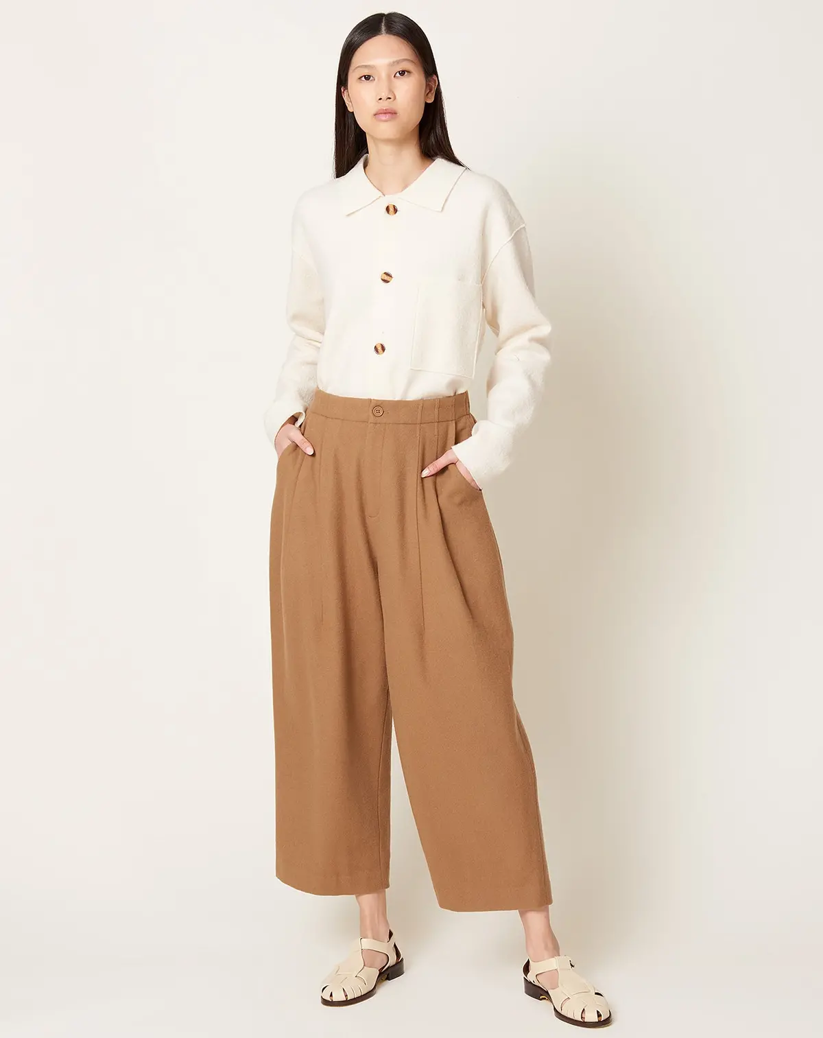 Wool Pleated Trouser In Tan 1