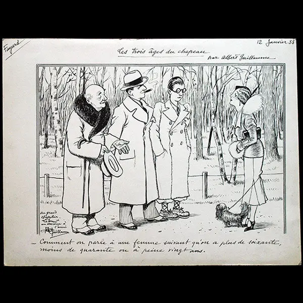 Albert Guillaume - Les Trois Âges Du Chapeau, Dessin Avec Envoi Au Chapelier Léon (1933) 1