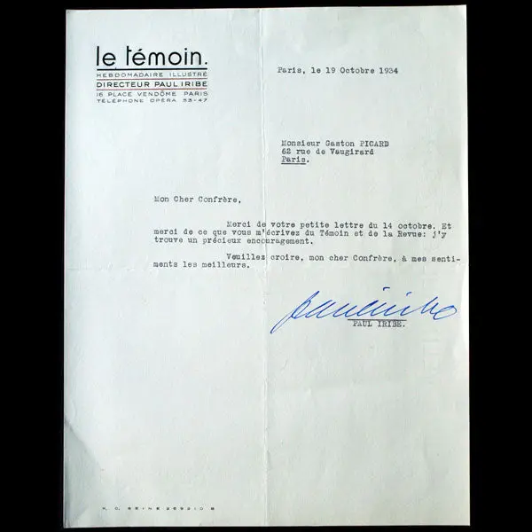 Paul Iribe - Lettre À L'en-Tête Du Témoin (1934) 1