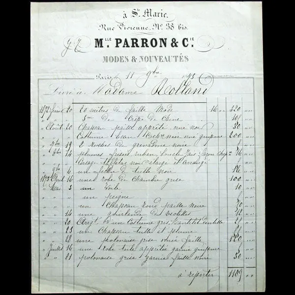 Facture De Mlle Parron & Cie, Modes & Nouveautés, A Sainte-Marie, 38 Bis Rue Vivienne À Paris (1873) 1