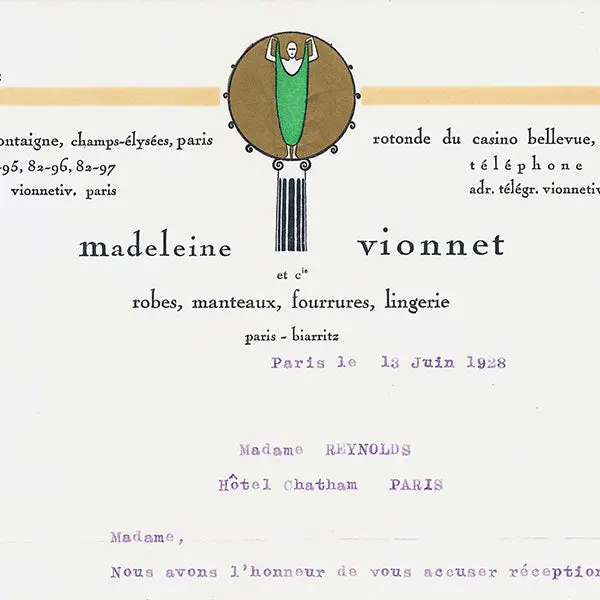 Vionnet - Lettre D'accusé De Réception, 50 Avenue Montaigne À Paris (13 Juin 1928) 2