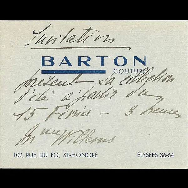 Carton D'invitation De La Maison Barton, 102 Faubourg Saint Honoré À Paris (Circa 1935) 1