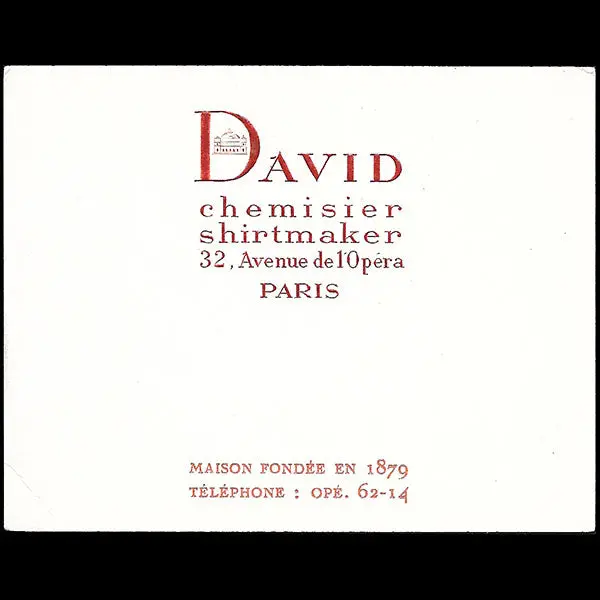 David - Carte Du Chemisier - Shirtmaker, 32 Avenue De L'opéra À Paris (1920S) 1