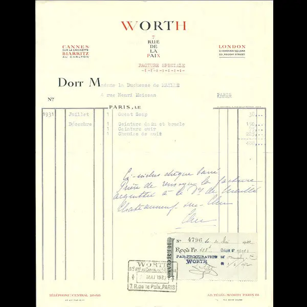 Facture De La Maison Worth, 7 Rue De La Paix, Paris (1931) 1