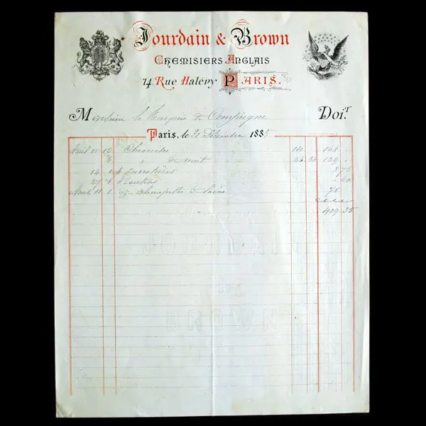Jourdain & Brown - Facture Des Chemisiers Anglais, 14 Rue Halévy À Paris (1885) 1