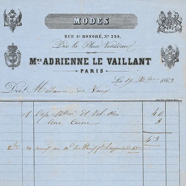 Madame Adrienne Le Vaillant, Facture De La Maison De Modes, 233 Rue Saint-Honoré À Paris (1863) 2