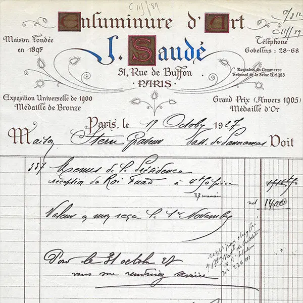 Jean Saudé - Facture D'enluminure D'art, 31 Rue De Buffon À Paris (1927) 2