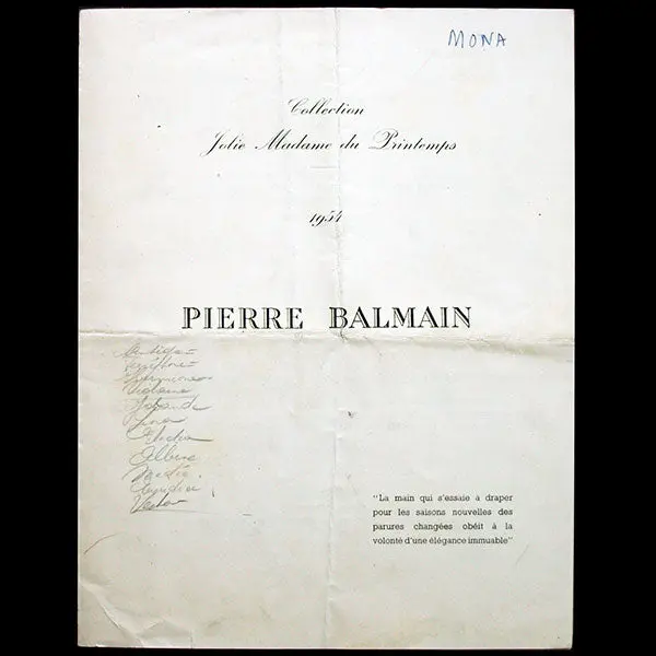 Balmain, Programme De Défilé, Collection Jolie Madame Du Printemps 1954 1