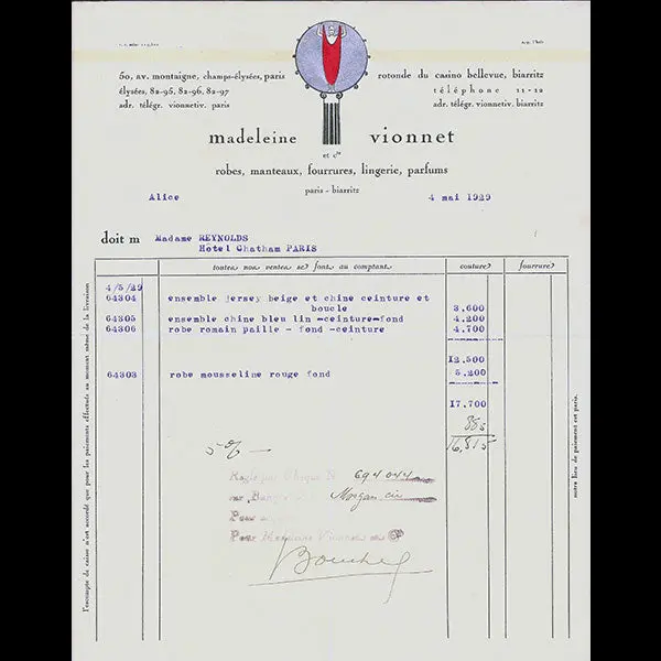 Vionnet - Facture, 50 Avenue Montaigne À Paris (4 Mai 1929) 1