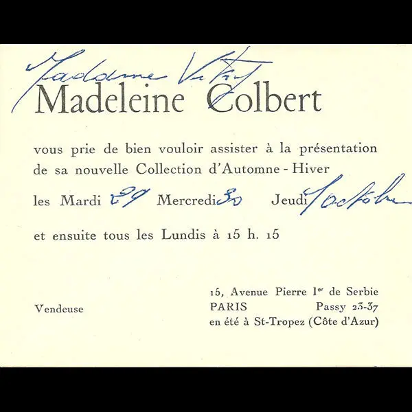 Carton D'invitation De La Maison Madeleine Colbert, 15 Avenue Pierre Ier De Serbie À Paris (1935) 1