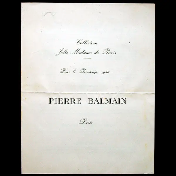 Balmain, Programme De Défilé, Collection Jolie Madame De Paris, Printemps 1956 1