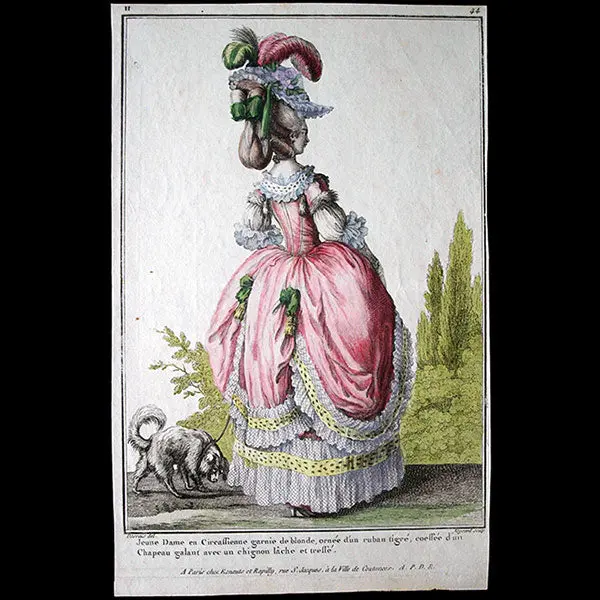 Gallerie Des Modes Et Costumes Français, 1778-1787, Gravure N° H 44, Jeune Dame En Circassienne Garnie De Blonde (1778) 1